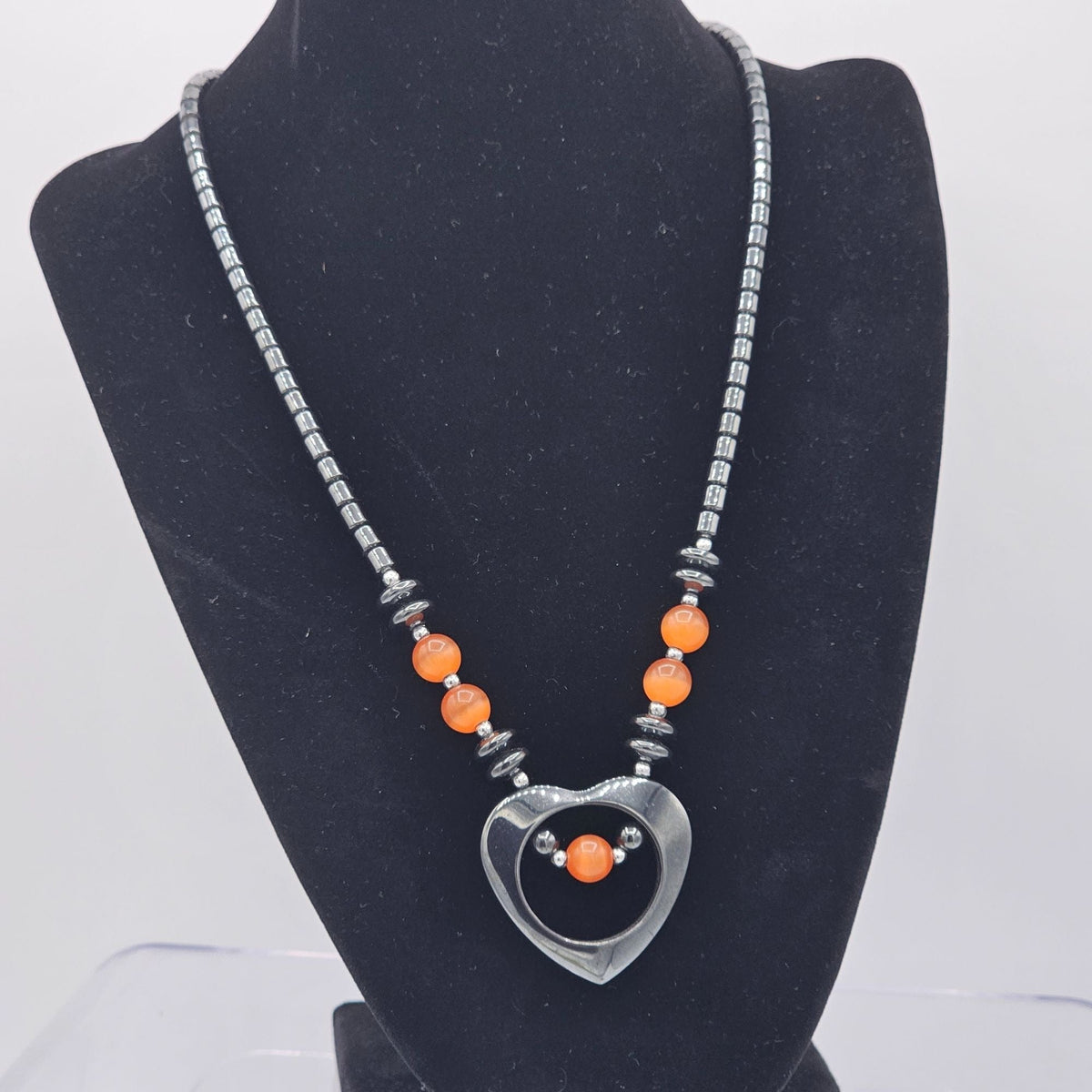 Vintage Hematite Beaded Necklace with Heart Pendant Orange Moonglow Beads