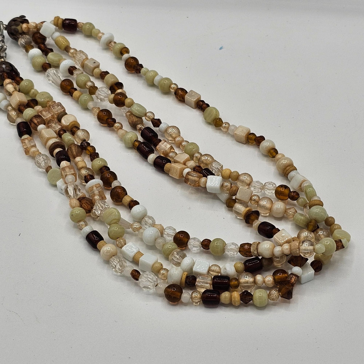 Vintage Multi-Strand Glass Bead Necklace White Brown Neutral Fall