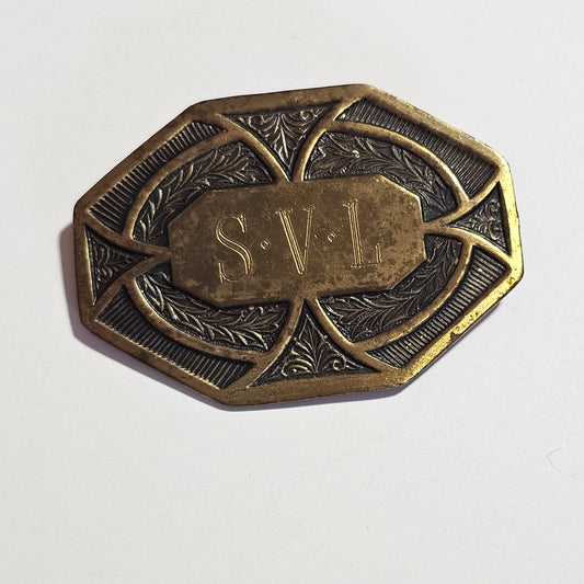 Monogrammed Brass Buckle Brooch Vintage SVL Super Unique
