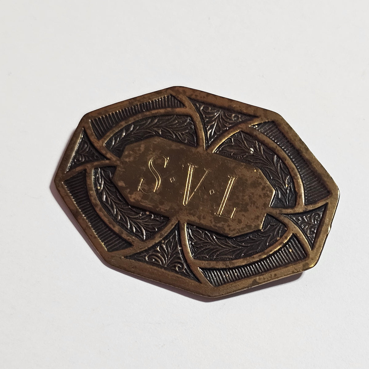 Monogrammed Brass Buckle Brooch Vintage SVL Super Unique