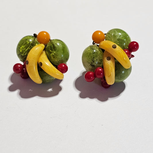 Glass Acrylic Multicolor Fruit Salad Cluster Clip-on Earrings Vintage Signed West Germany