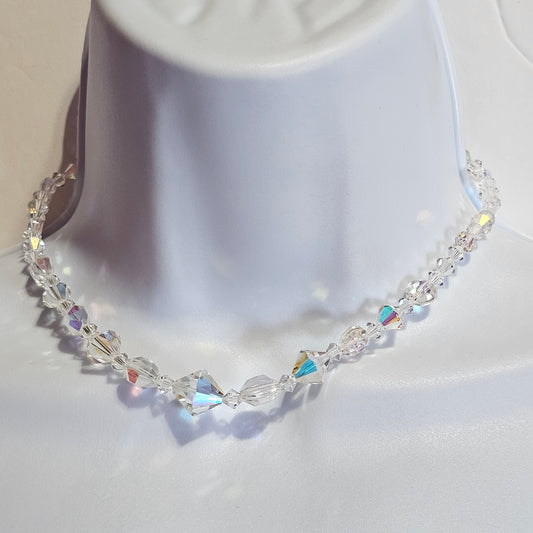 Faceted Crystal Aurora Borealis Translucent Clear Foil Beaded Choker Necklace Vintage