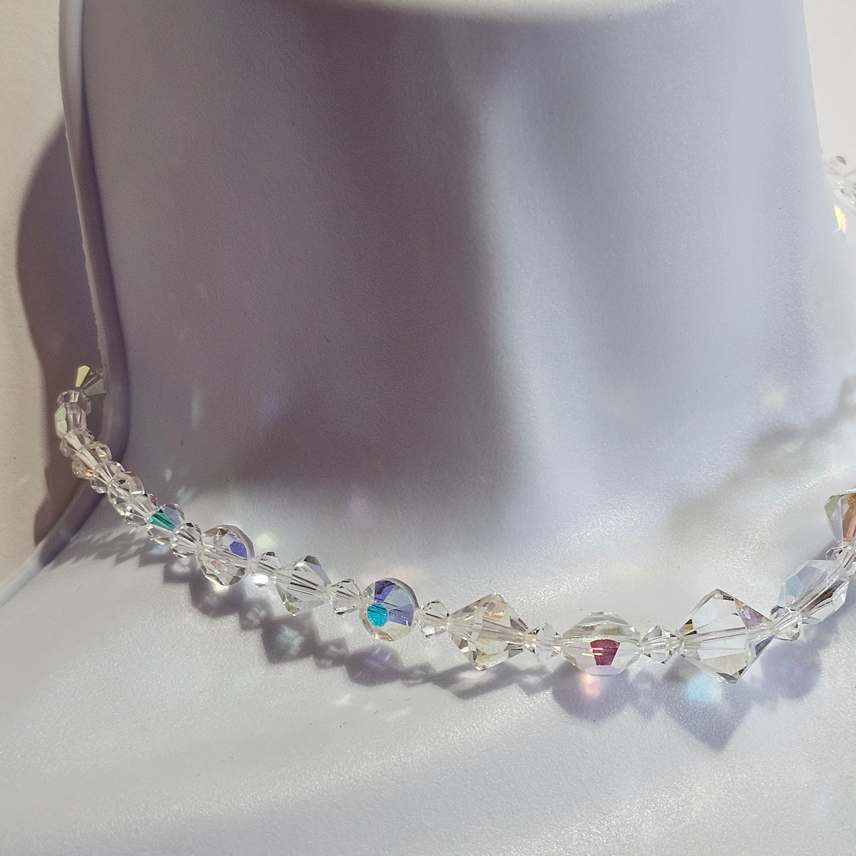 Faceted Crystal Aurora Borealis Translucent Clear Foil Beaded Choker Necklace Vintage
