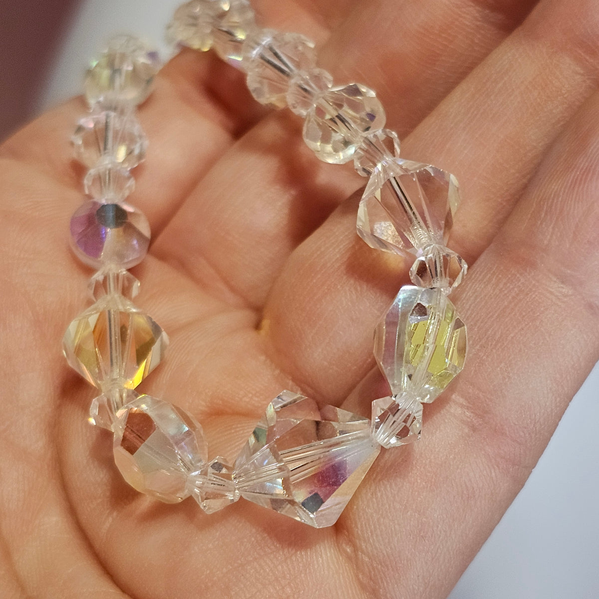 Faceted Crystal Aurora Borealis Translucent Clear Foil Beaded Choker Necklace Vintage