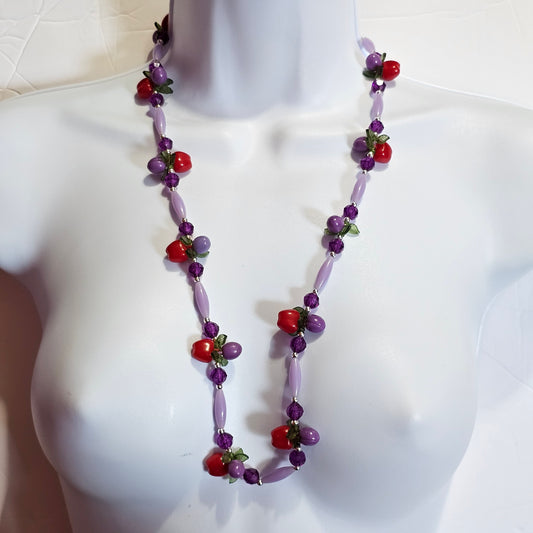Purple Beads Red Apple Lucite Plastic Fruit Salad Pullover Necklace Vintage