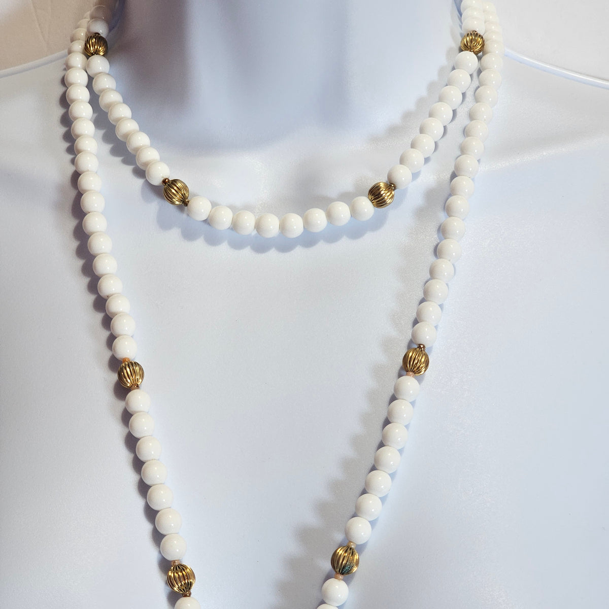 Set of 2 Matching White Gold Beaded Necklaces Vintage