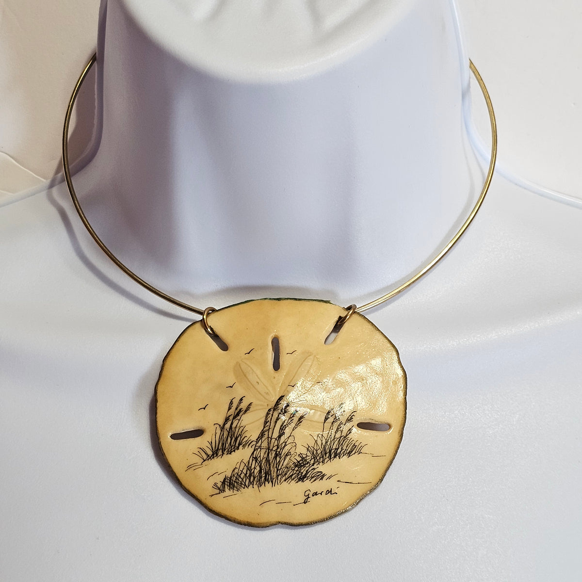 Genuine Sand Dollar Ink Pen Drawn Design Coastal Beachy Pendant Choker Necklace Vintage