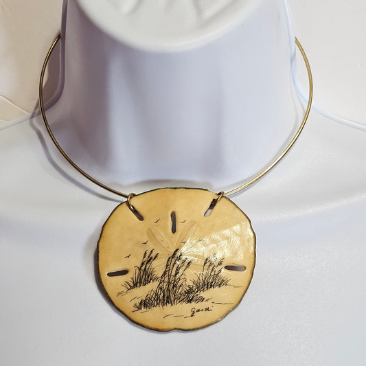 Genuine Sand Dollar Ink Pen Drawn Design Coastal Beachy Pendant Choker Necklace Vintage