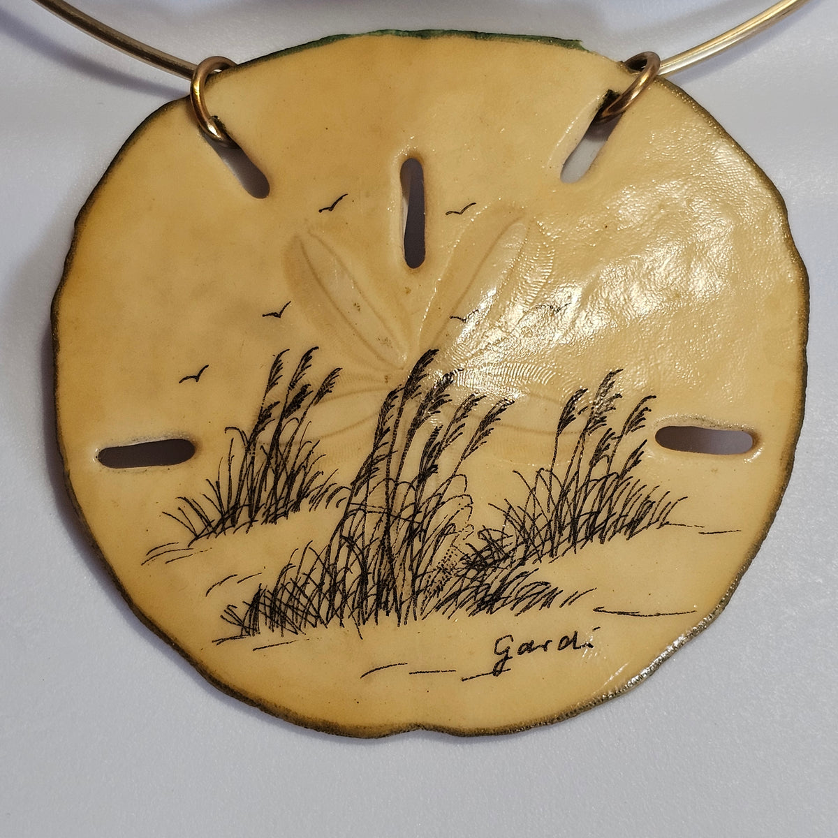 Genuine Sand Dollar Ink Pen Drawn Design Coastal Beachy Pendant Choker Necklace Vintage