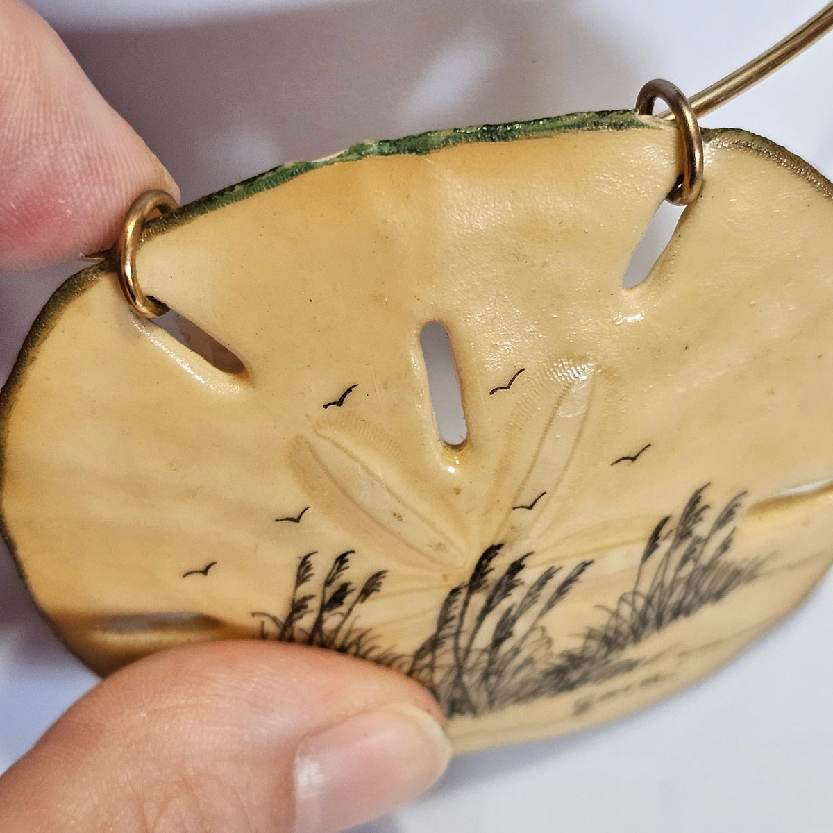Genuine Sand Dollar Ink Pen Drawn Design Coastal Beachy Pendant Choker Necklace Vintage