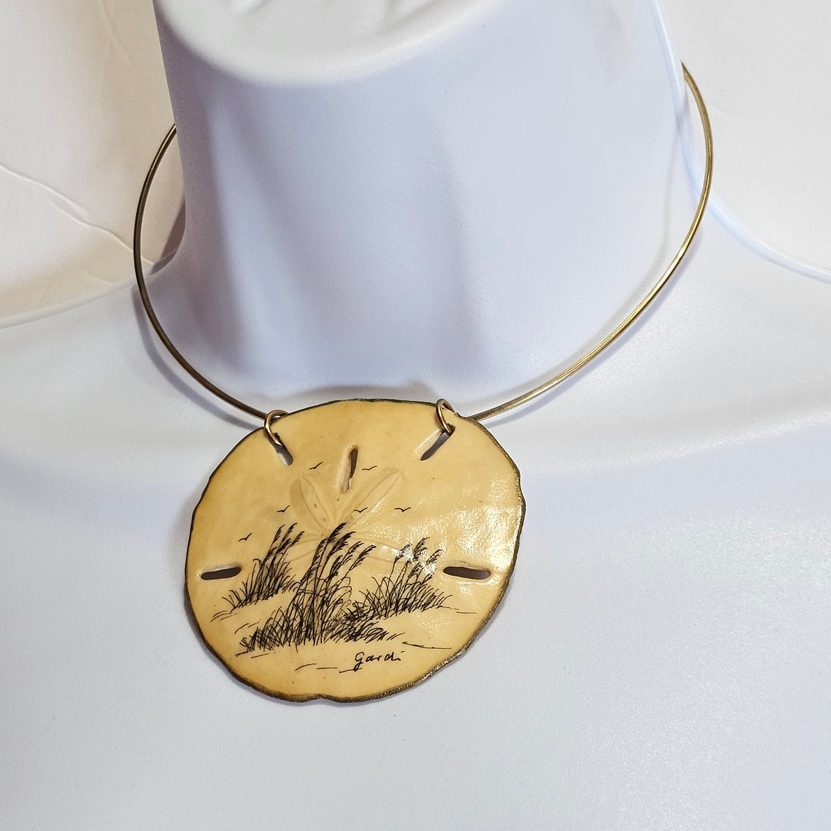 Genuine Sand Dollar Ink Pen Drawn Design Coastal Beachy Pendant Choker Necklace Vintage
