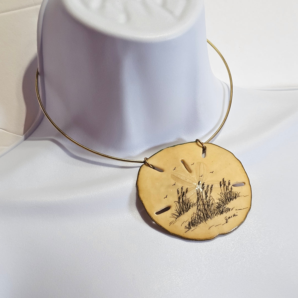 Genuine Sand Dollar Ink Pen Drawn Design Coastal Beachy Pendant Choker Necklace Vintage