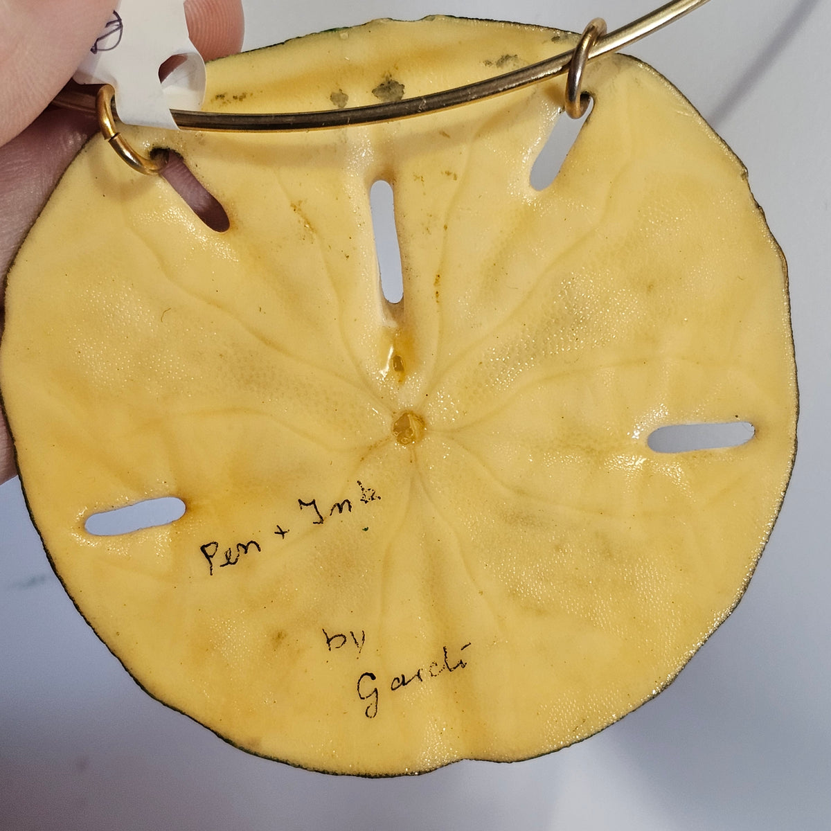 Genuine Sand Dollar Ink Pen Drawn Design Coastal Beachy Pendant Choker Necklace Vintage