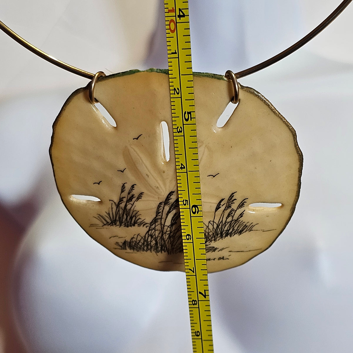 Genuine Sand Dollar Ink Pen Drawn Design Coastal Beachy Pendant Choker Necklace Vintage
