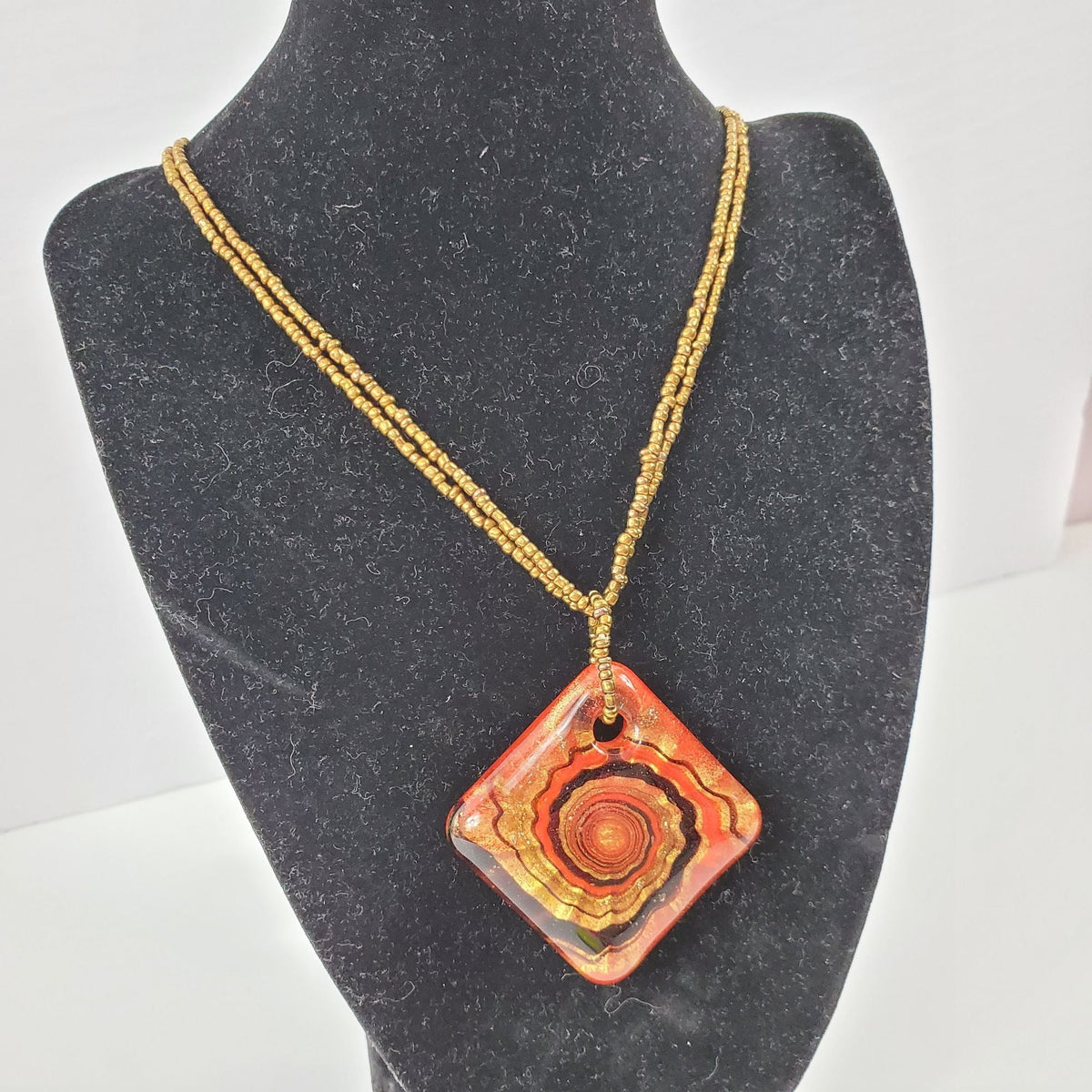 Vintage Blown Glass Red Copper Swirl Art Pendant Copper Beaded Chain