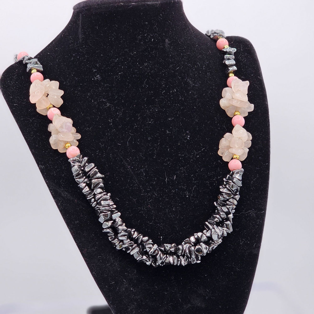Chunky Beaded Hematite Rose Quartz Chips Multi Strand Torsade Bohemian Witchy Necklace
