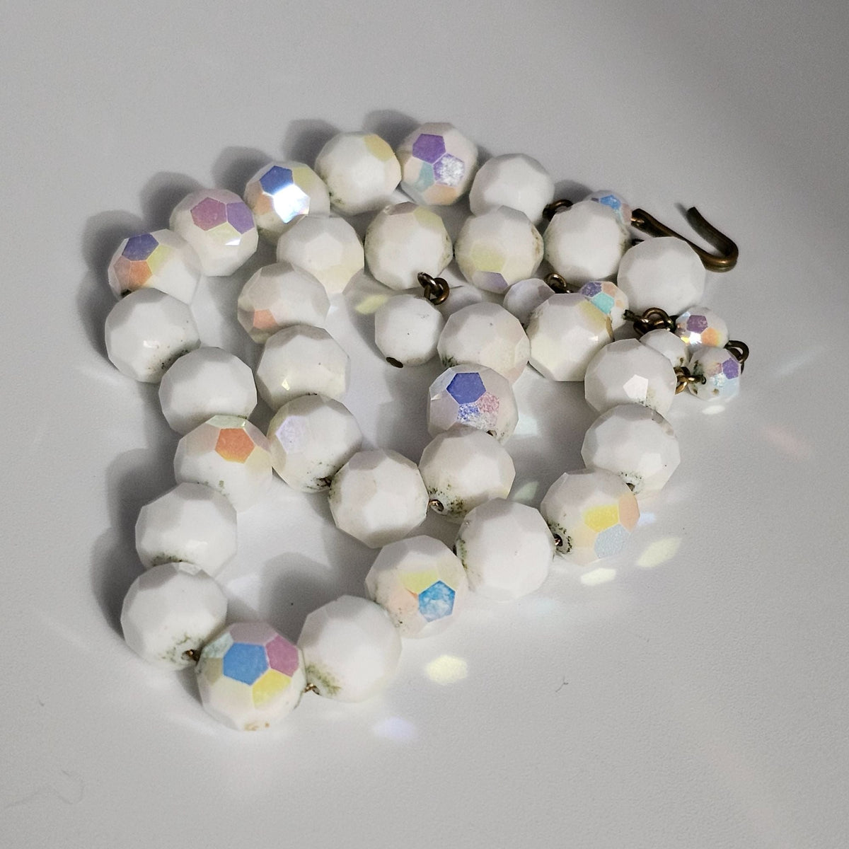 Alice Caviness Vintage White Glass Aurora Borealis Faceted Necklace