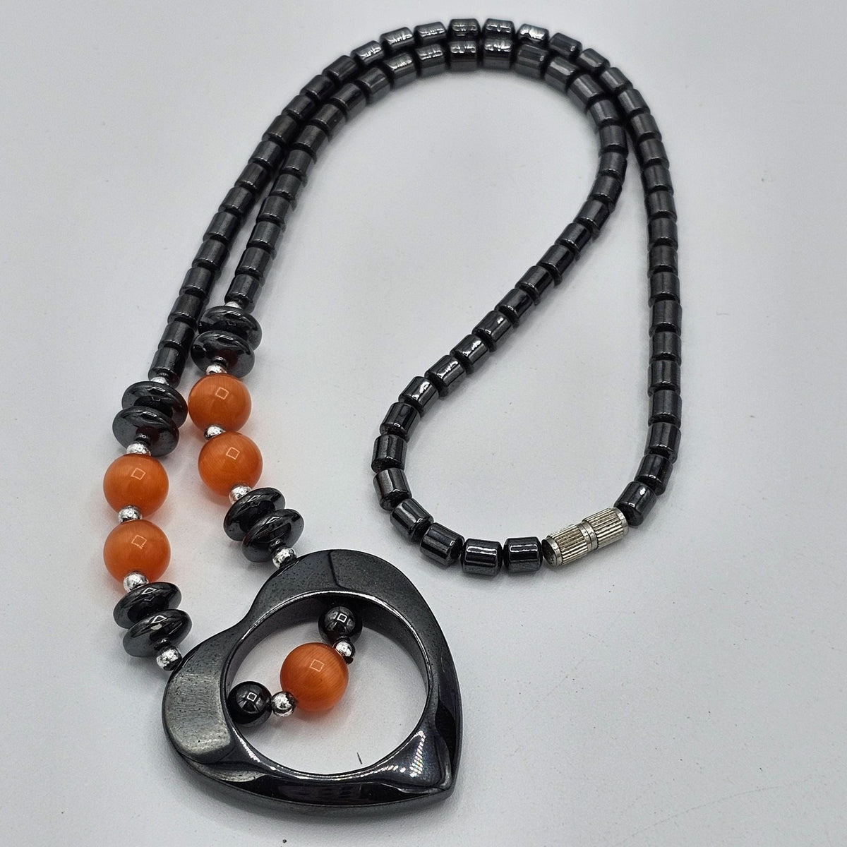 Vintage Hematite Beaded Necklace with Heart Pendant Orange Moonglow Beads