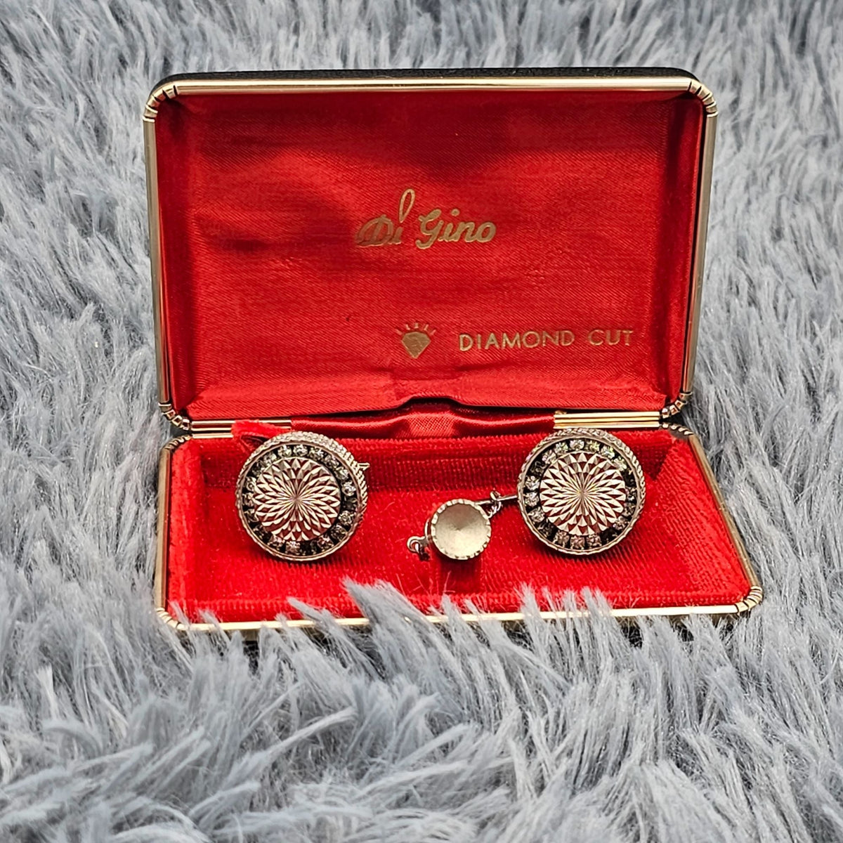 Vintage Silver-tone Di Gino Diamond Cut Cuff Links and Tie Tack Original Box