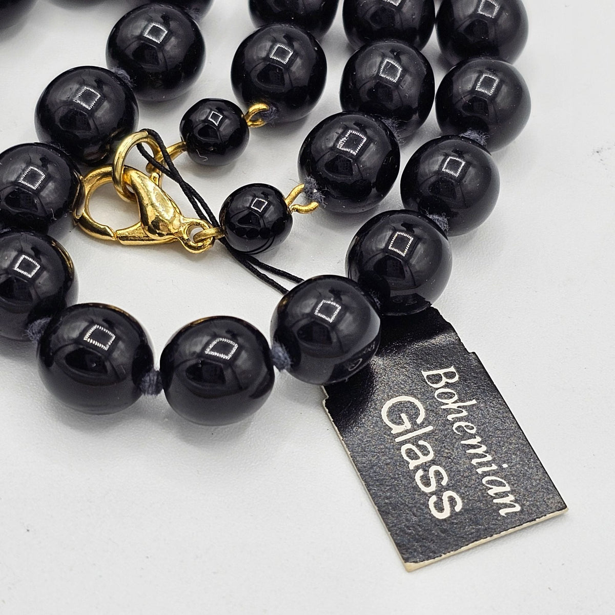 Black Bohemian Glass Round Beaded Necklace Vintage NOS
