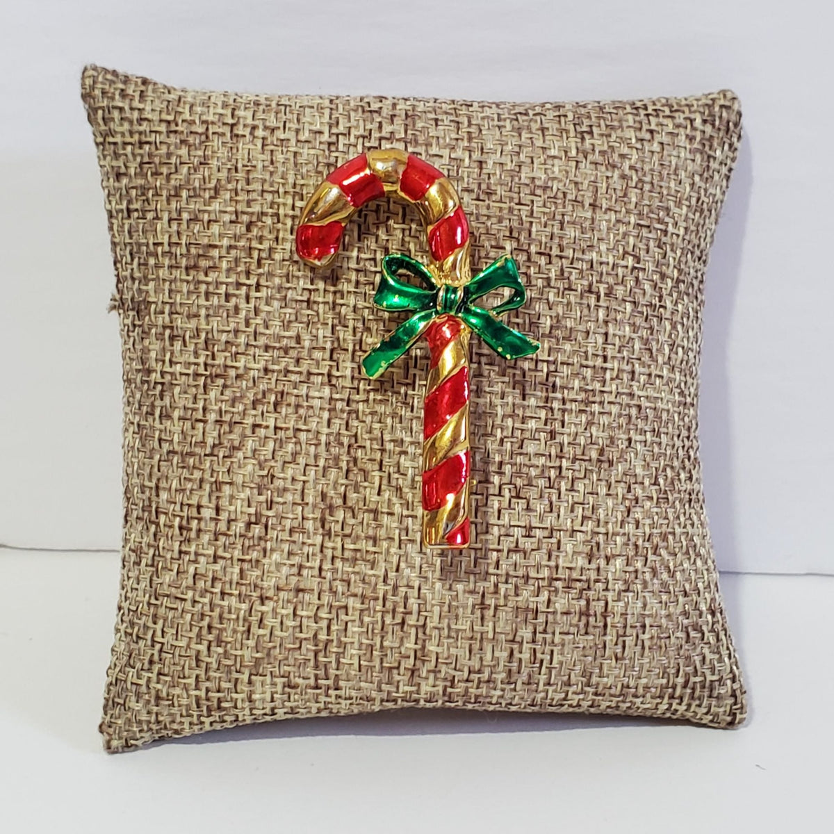 Vintage Red Gold Striped Candy Cane Green Bow Brooch Christmas