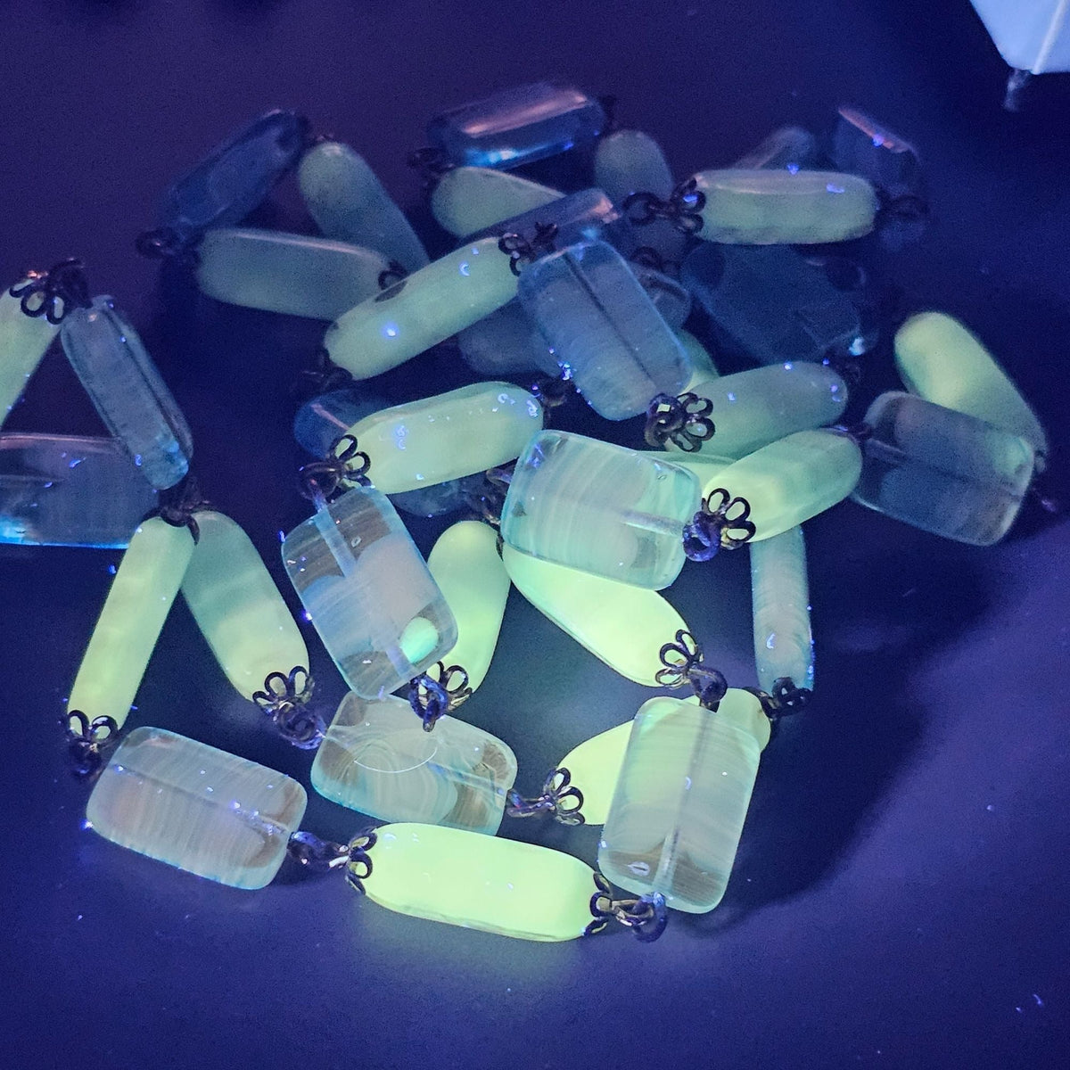 Vintage Uranium Glass Necklace Black Light Reactive Long Strand Blue Beads 36 in