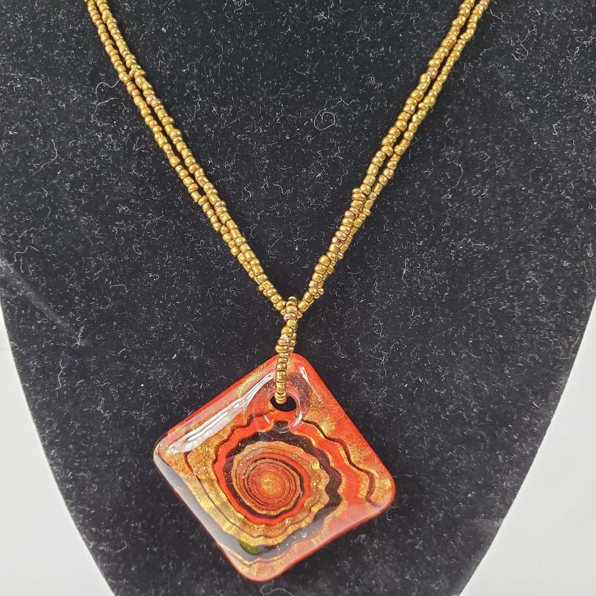 Vintage Blown Glass Red Copper Swirl Art Pendant Copper Beaded Chain