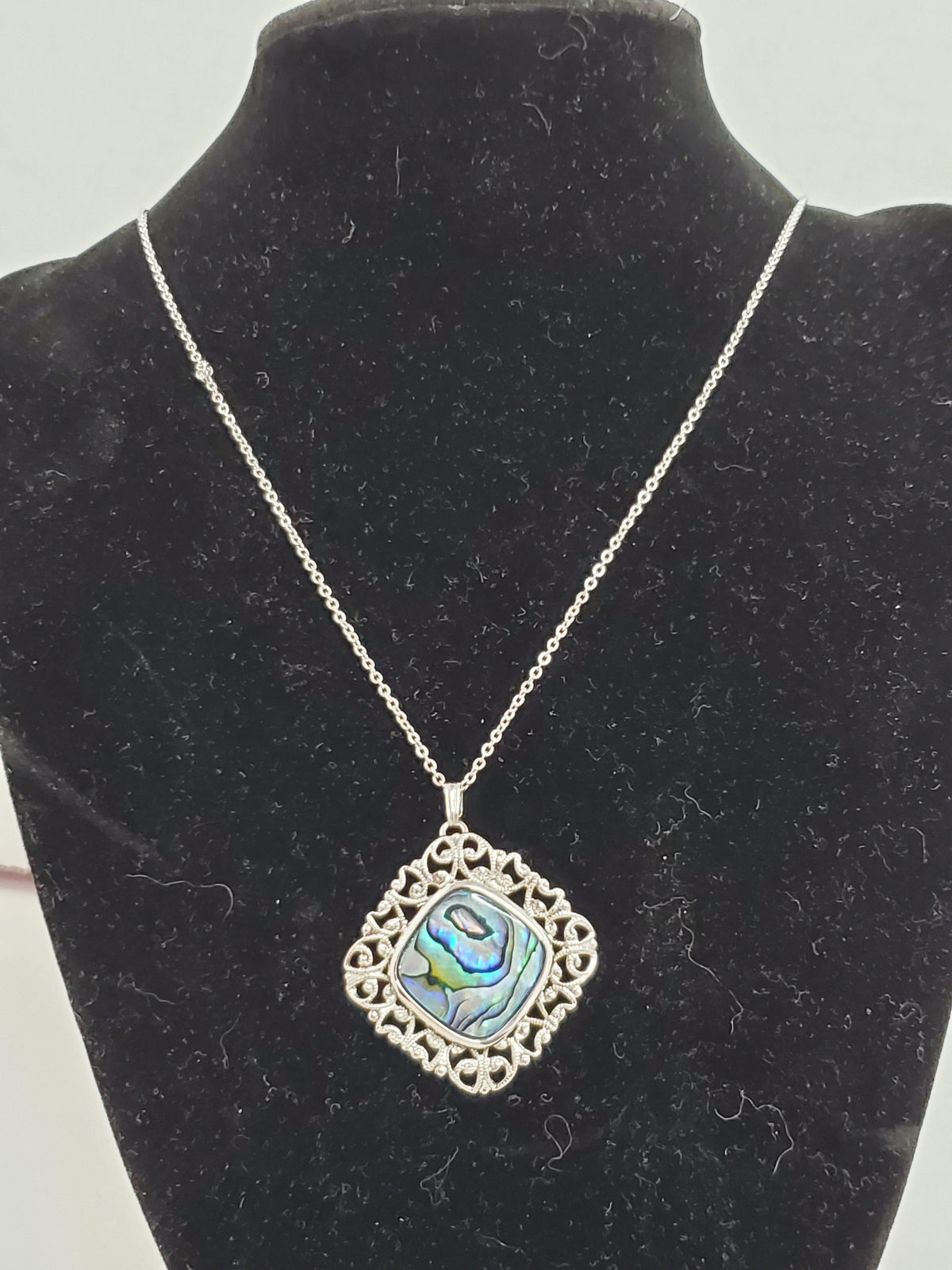 Filigree Blue Abalone Swirl Pendant Nickel Silver Chain Vintage Beautiful