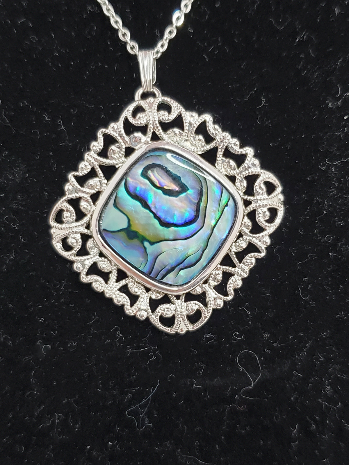 Filigree Blue Abalone Swirl Pendant Nickel Silver Chain Vintage Beautiful