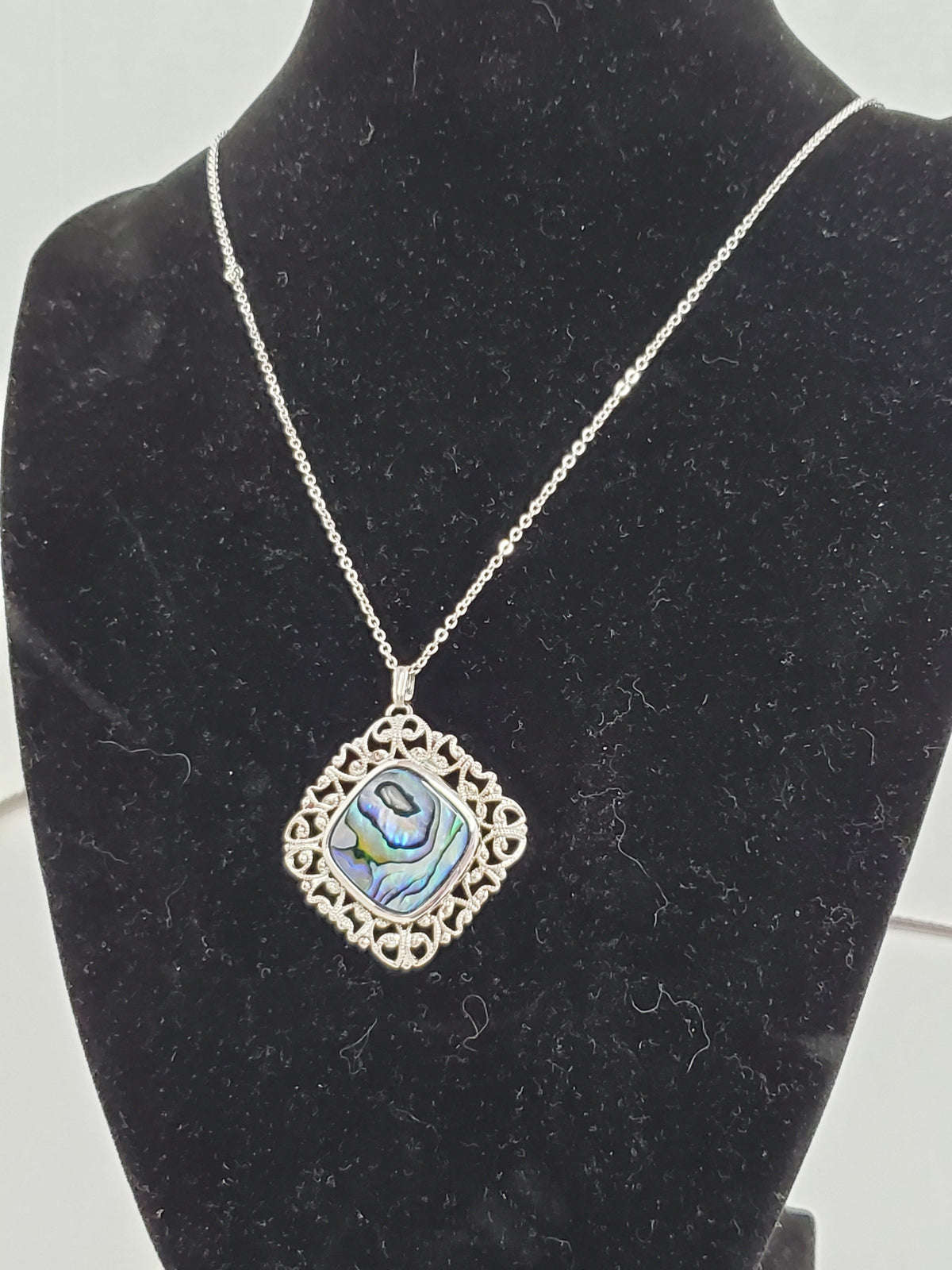Filigree Blue Abalone Swirl Pendant Nickel Silver Chain Vintage Beautiful