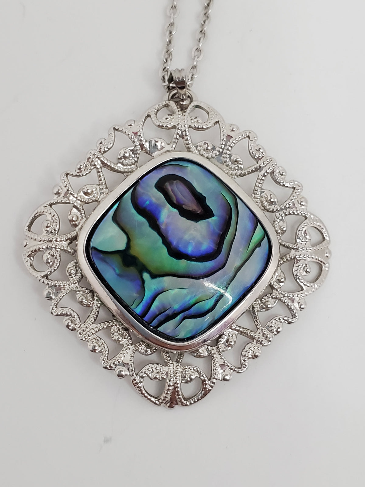 Filigree Blue Abalone Swirl Pendant Nickel Silver Chain Vintage Beautiful