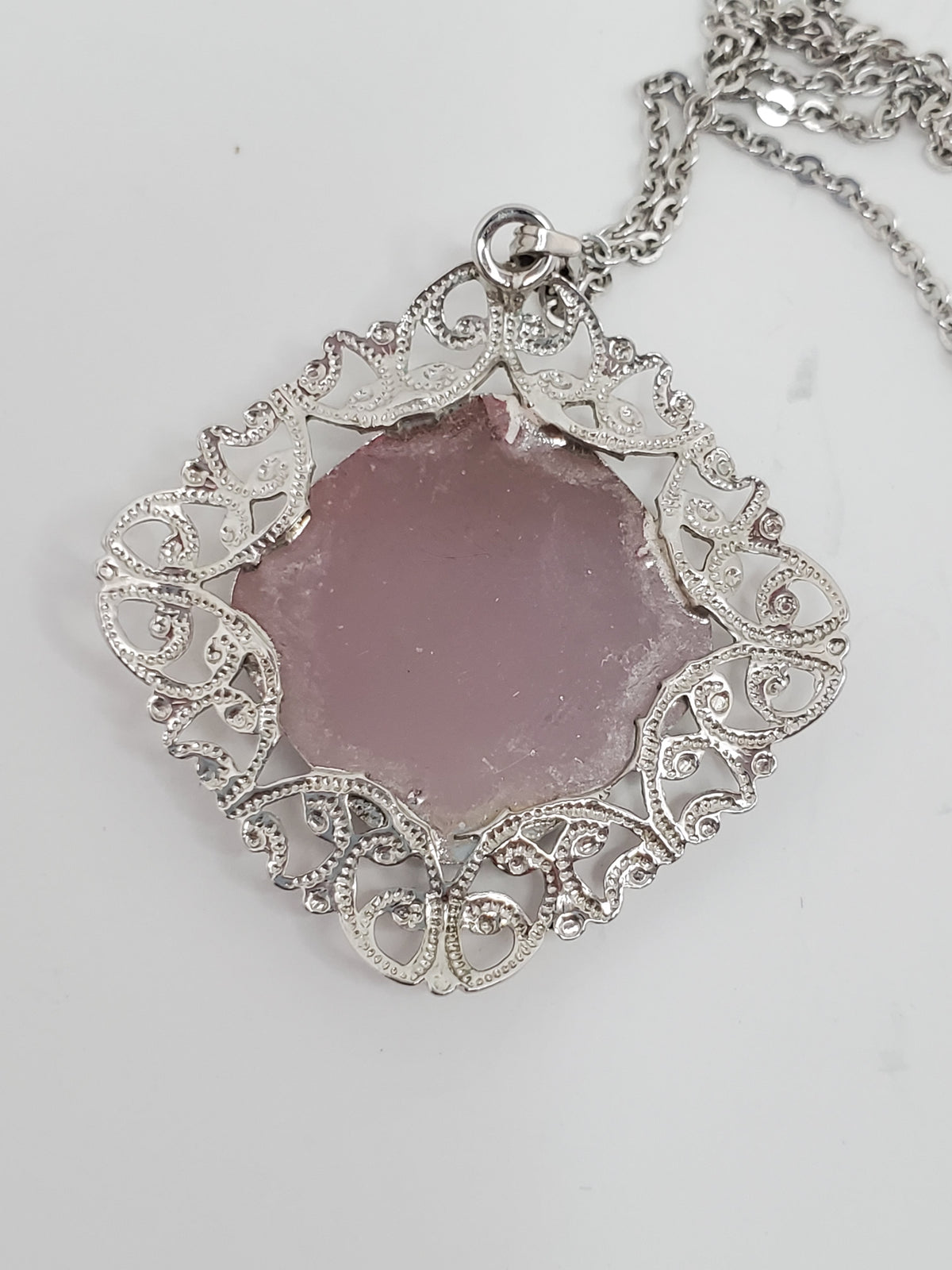 Filigree Blue Abalone Swirl Pendant Nickel Silver Chain Vintage Beautiful