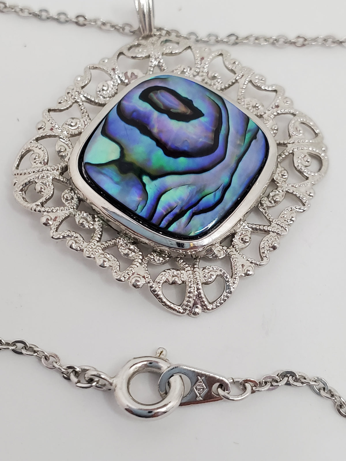 Filigree Blue Abalone Swirl Pendant Nickel Silver Chain Vintage Beautiful