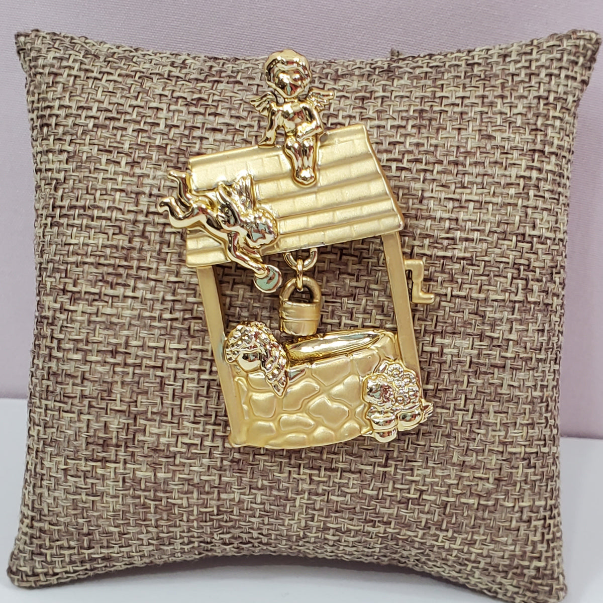Gold-tone Angel Wishing Well Brooch Cherubs Vintage Signed