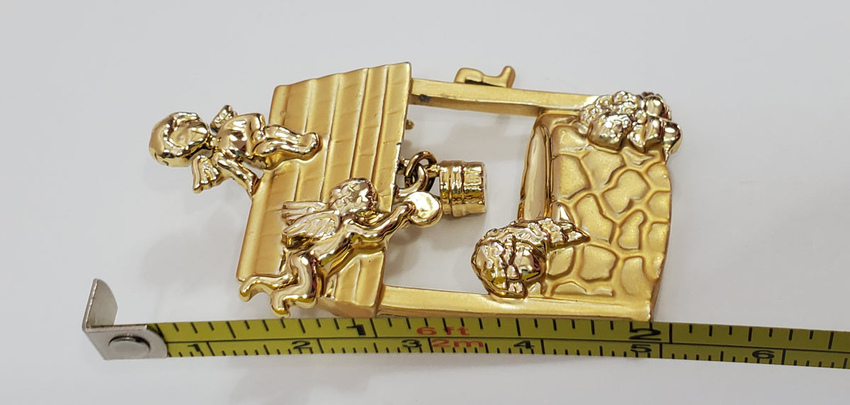 Gold-tone Angel Wishing Well Brooch Cherubs Vintage Signed