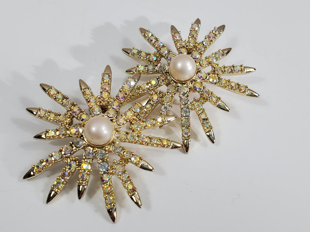 Vintage Emmons Signed Gold-tone Pearl Crystal Sweater Clips Aurora Borealis