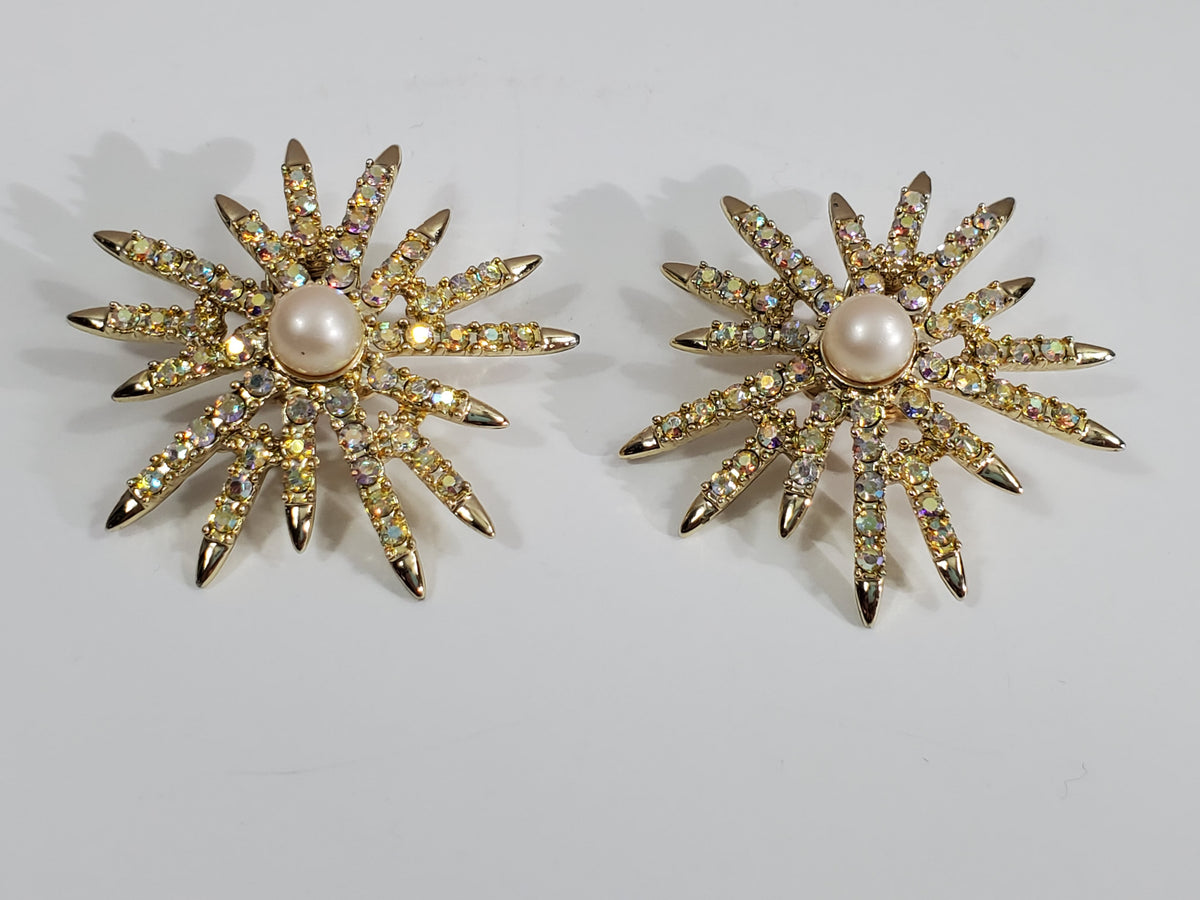 Vintage Emmons Signed Gold-tone Pearl Crystal Sweater Clips Aurora Borealis