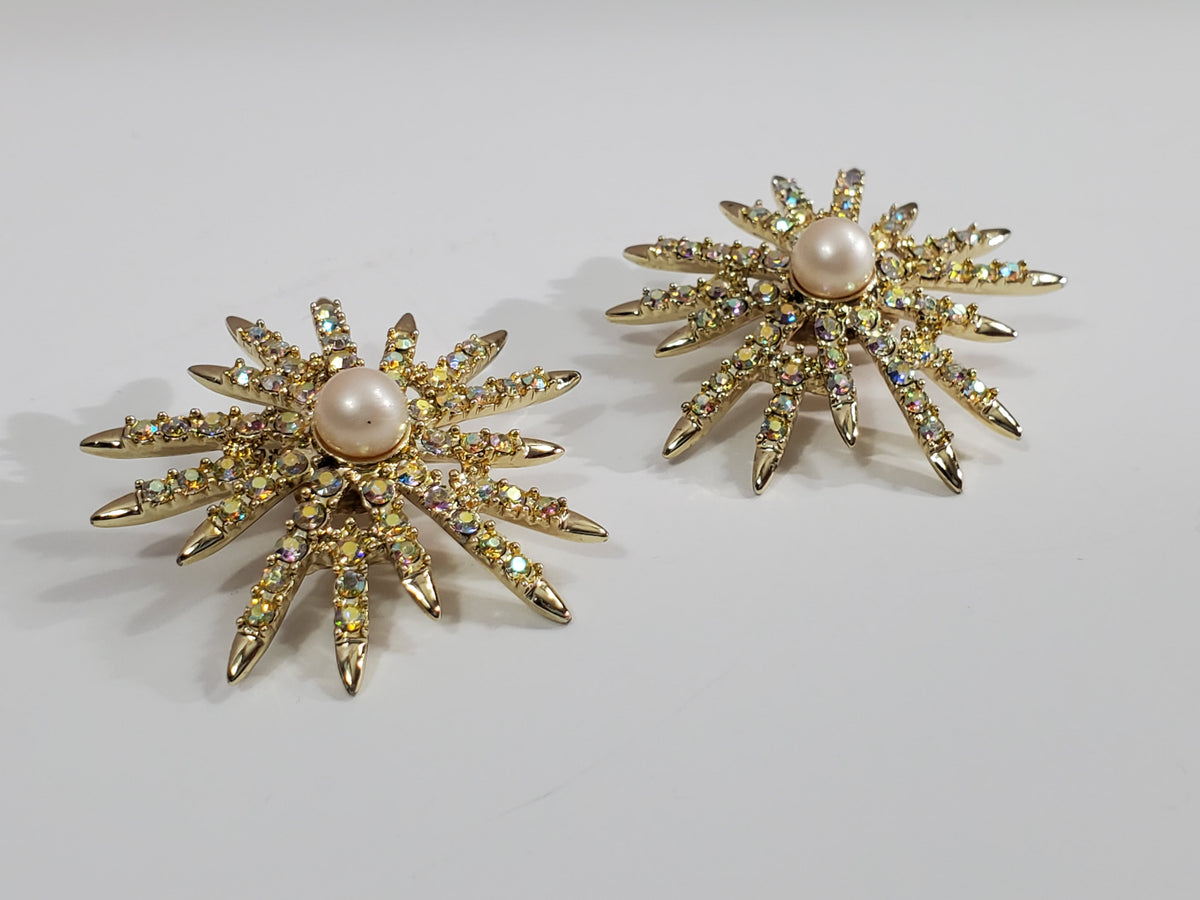 Vintage Emmons Signed Gold-tone Pearl Crystal Sweater Clips Aurora Borealis