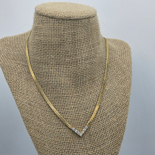 Classic Gold-tone Herringbone Chain Rhinestone V Drop Vintage Necklace