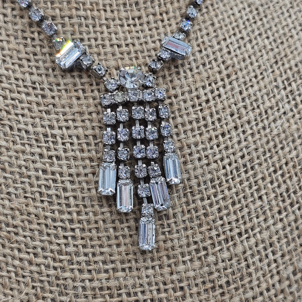 Lovely Vintage Rhinestone Waterfall Drop Necklace Silver-tone