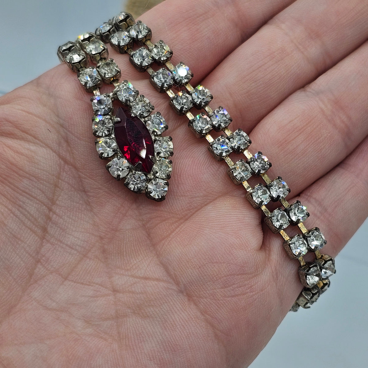 Elegant Drop Ruby Glass Rhinestone Vintage Necklace