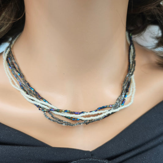 Twisted Multi-strand Colorful Seed Beads Faux Pearl Necklace Vintage