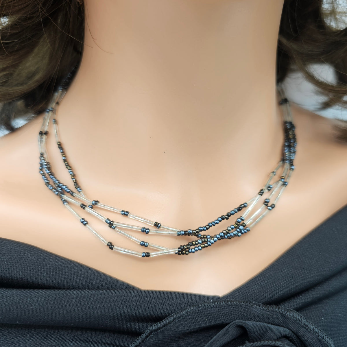 Multi-strand Tubular Glass Seed Beaded Necklace Vintage
