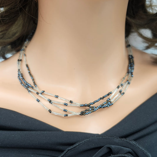 Multi-strand Tubular Glass Seed Beaded Necklace Vintage