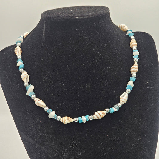 Artisan Turquoise Beaded Shell Beachy Bohemian Vintage Necklace