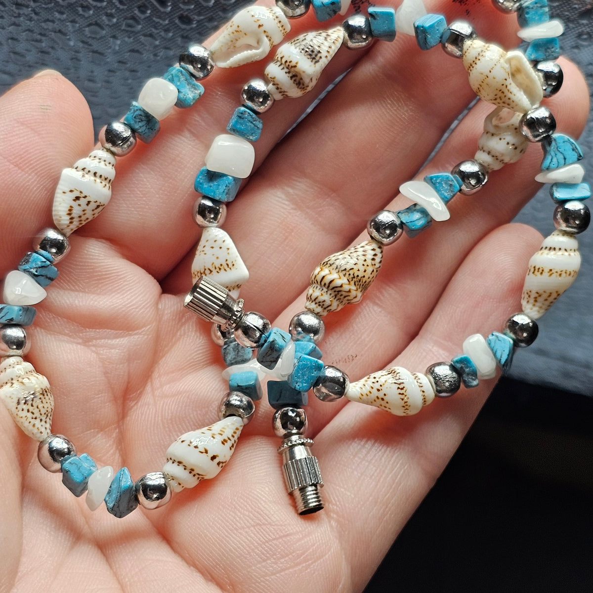 Artisan Turquoise Beaded Shell Beachy Bohemian Vintage Necklace
