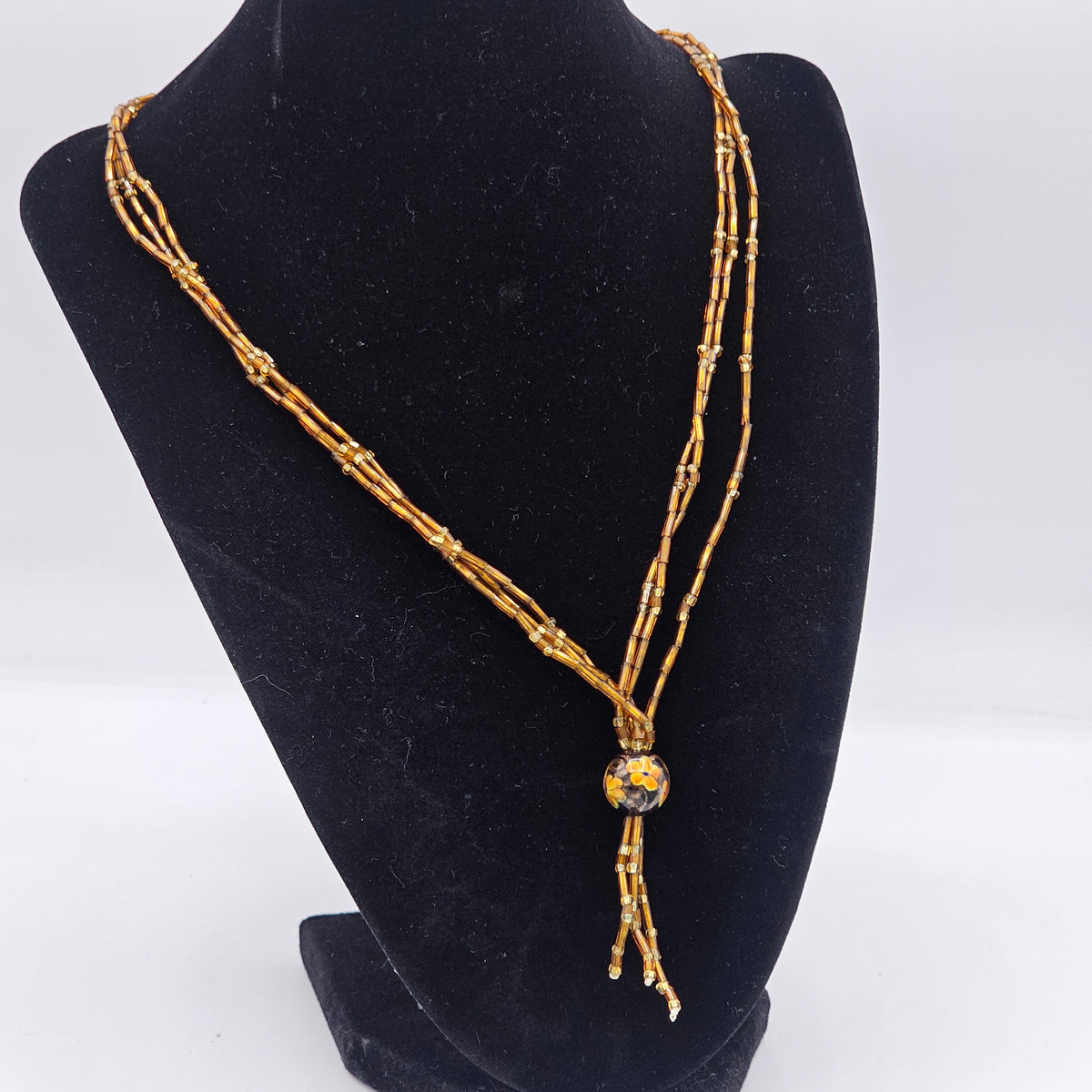 Amber Glass Art Beaded Tassle Stranded Necklace Vintage Floral Nuetral