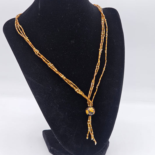 Amber Glass Art Beaded Tassle Stranded Necklace Vintage Floral Nuetral