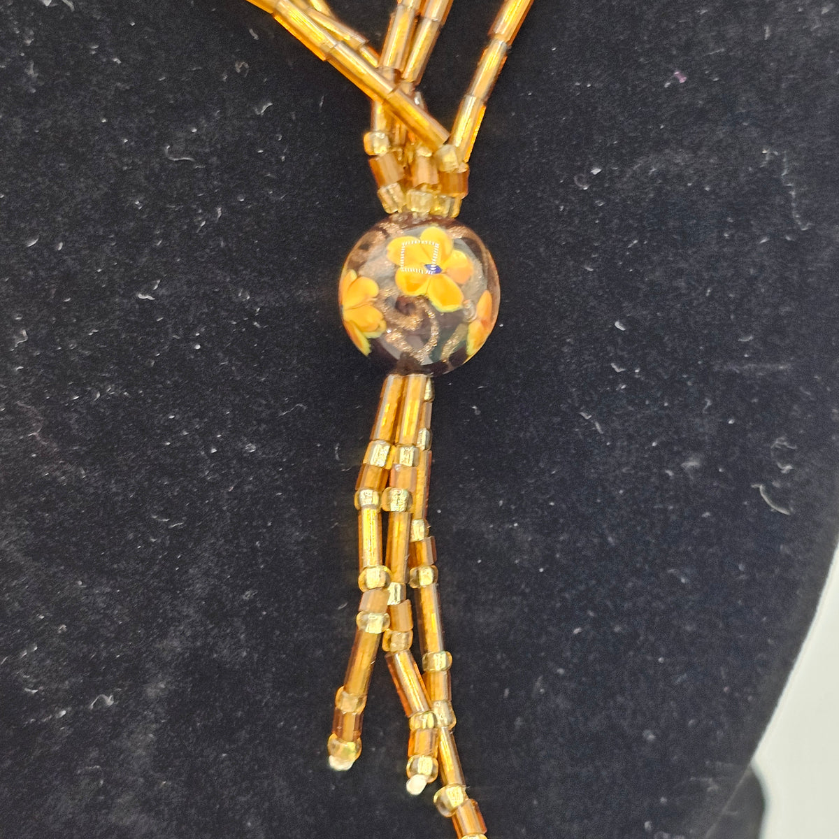 Amber Glass Art Beaded Tassle Stranded Necklace Vintage Floral Nuetral