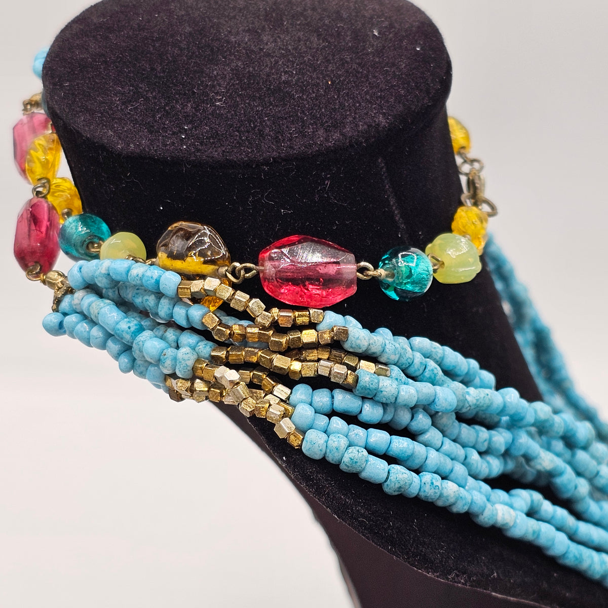 Long Multi-strand Dyed Turquoise Glass Stone Beads Necklace Bohemian Beach Babe